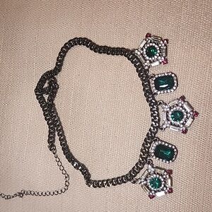 Glass Emerald & Rhinestones w/ Gunmetal Chain, Pre-loved In Great Condition